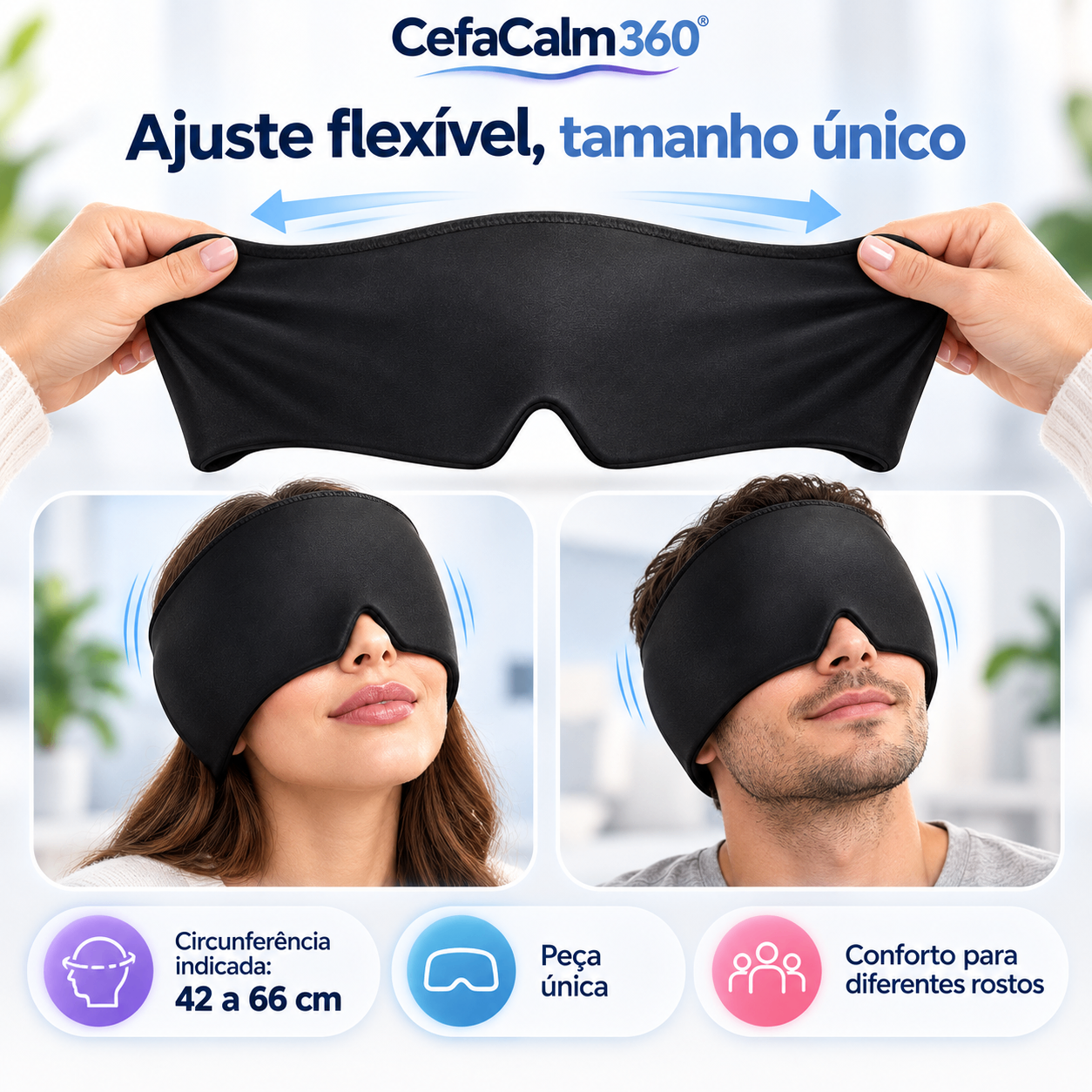Touca sendo esticada e usada por diferentes pessoas, mostrando o ajuste flexível